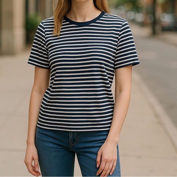 Theory Eligia Velour Stripe Knit Top Short Sleeves Pullover Boxy Women's… - Picture 1 of 7